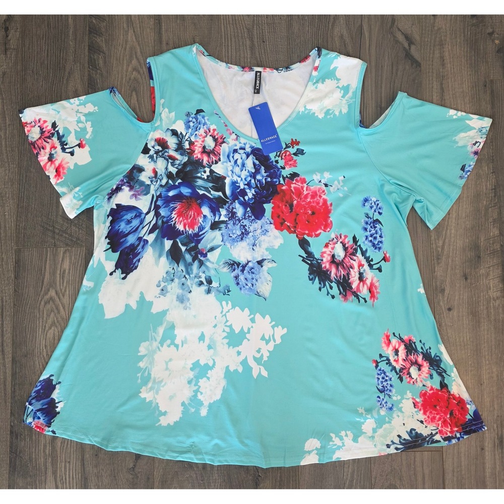 Women's sz 2X NWT Aqua Blue Floral Cold Shoulder Tunic Top Spring Easter Pastel
